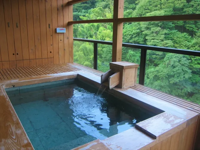 A wooden private onsen bath overlooking a green forest at a Japanese inn